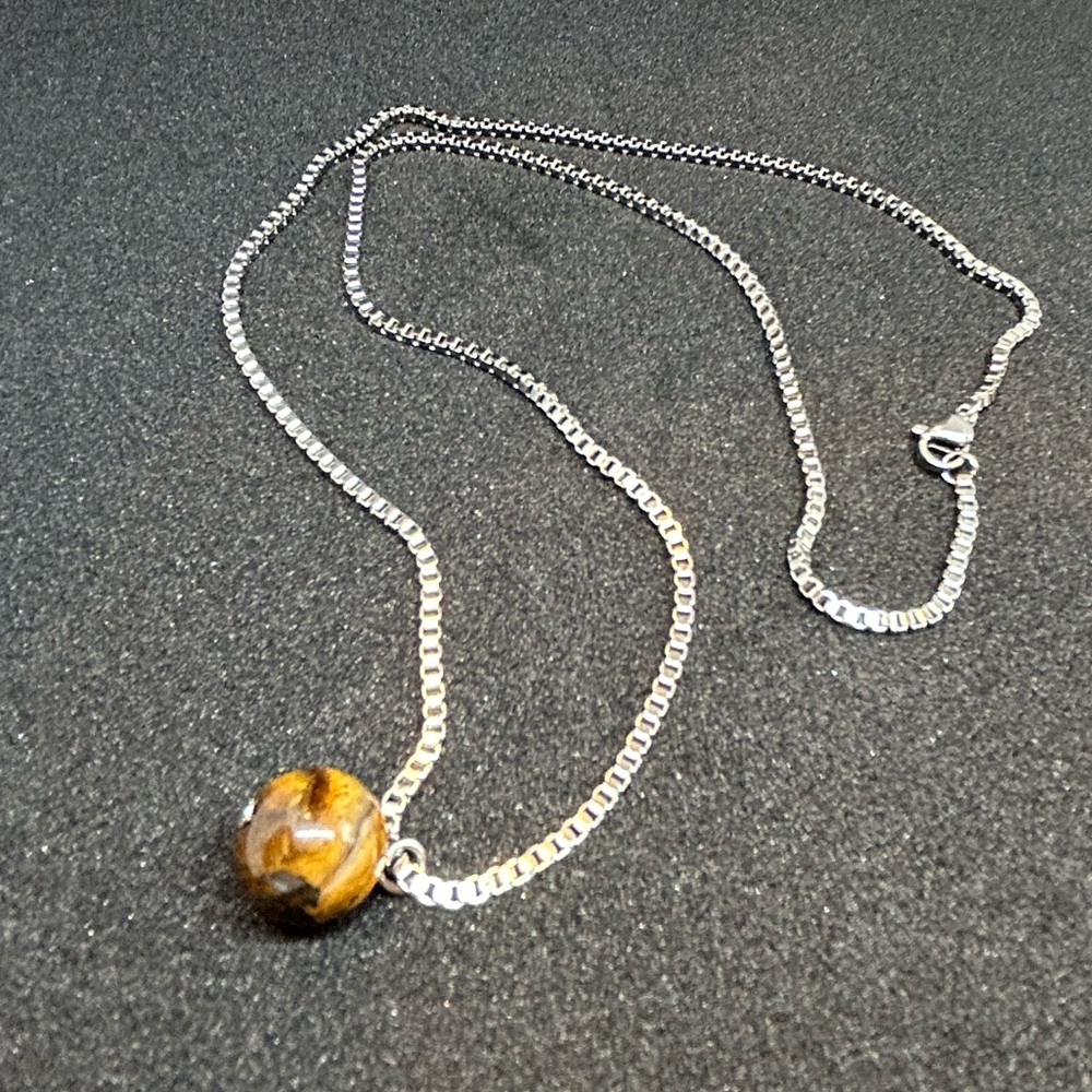 tiger eye necklace box chain 21” bead necklace gift for him wire wrap pendant